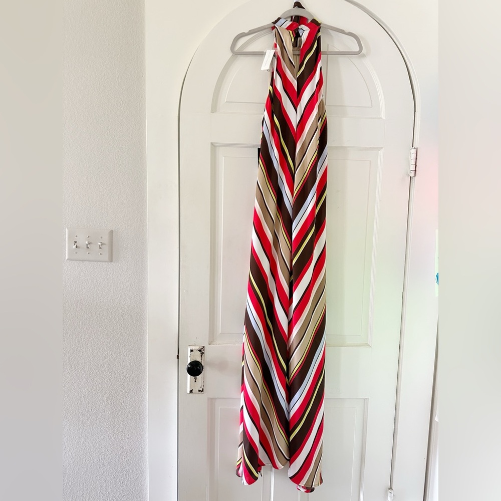 New York & Co. halter maxi dress. Bright color diagonal striped pattern.